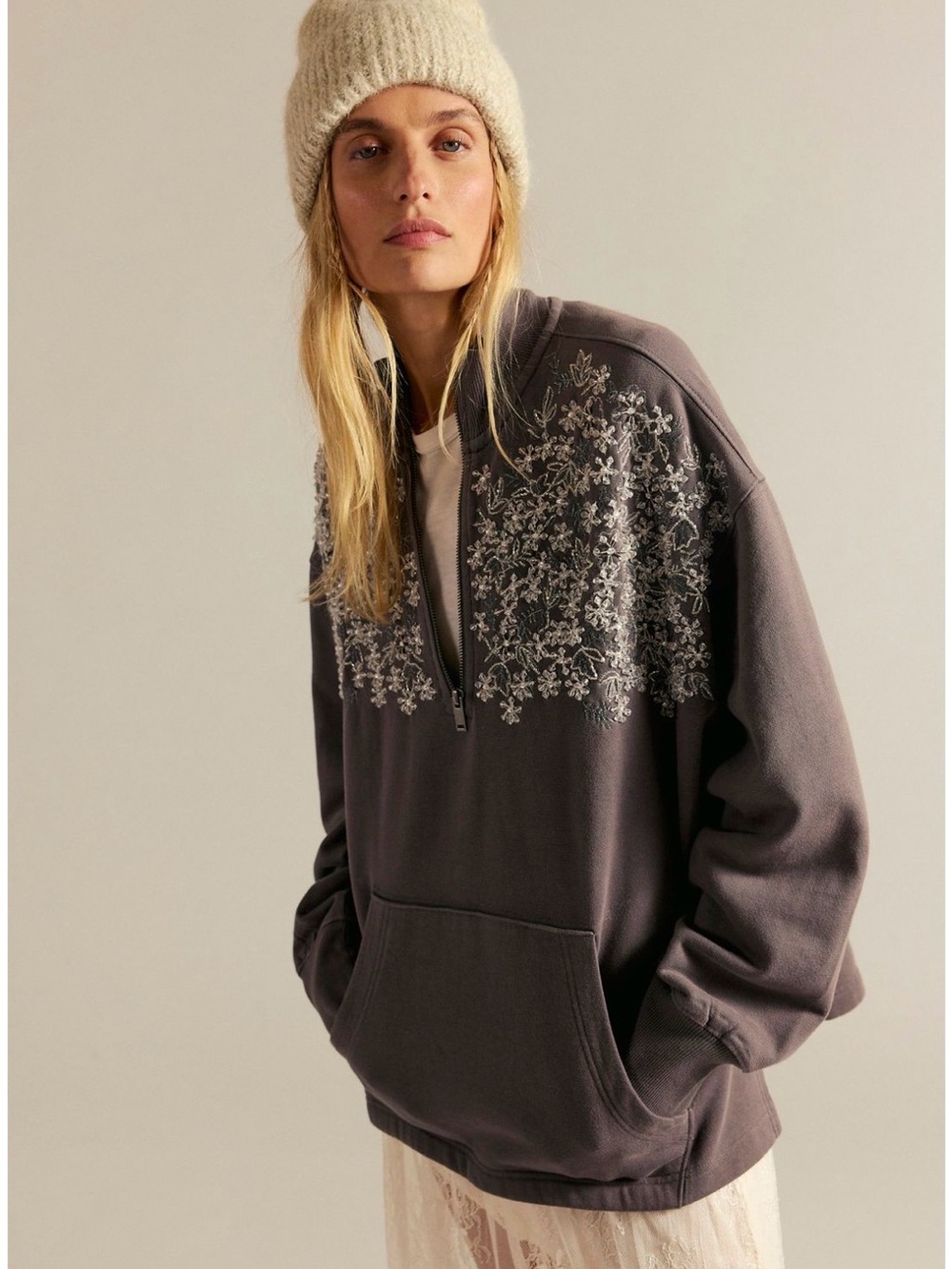 Free People Lavender Sweatshirt with Ivory Floral Design